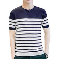 Men\'s Going out Casual/Daily Holiday Simple Street chic Summer Fall T-shirt, Striped Round Neck Short Sleeve Blue White Rayon Spandex Thin