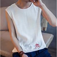 Men\'s Daily Simple T-shirt, Embroidery Round Neck Sleeveless Cotton Linen