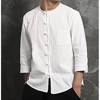 mens daily simple chinoiserie shirt solid round neck sleeve cotton lin ...