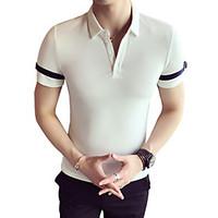 Men\'s Casual Simple T-shirt, Solid Striped Shirt Collar Short Sleeve Cotton