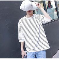 Men\'s Casual Simple Summer T-shirt, Striped Round Neck Short Sleeve Cotton