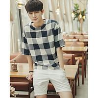 mens casual simple t shirt plaidcheck round neck half sleeve cotton