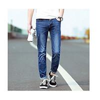 mens mid rise micro elastic jeans pants simple straight solid