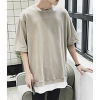 Men\'s Casual/Daily Simple Summer T-shirt, Color Block Round Neck ½ Length Sleeve Cotton Thin