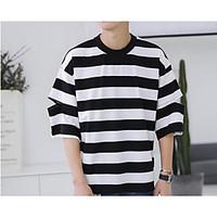 Men\'s Casual/Daily Simple Summer T-shirt, Striped Round Neck ½ Length Sleeve Cotton Thin