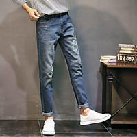 mens mid rise micro elastic jeans pants simple straight solid