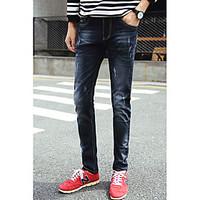 mens mid rise high elasticity jeans pants simple slim solid