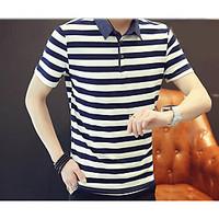 Men\'s Casual/Daily Simple T-shirt, Striped Stand Short Sleeve Cotton