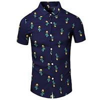 Men\'s Casual Daily Work Summer Cactus Prints Navy Standing Collar Short Sleeve Cotton Thin T-shirt