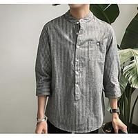 mens casualdaily simple shirt striped stand long sleeve cotton