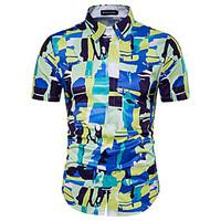 Men\'s Plus Size Beach Holiday Boho Summer Shirt, Geometric Color Block Shirt Collar Short Sleeve Cotton Rayon Thin