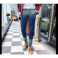 mens mid rise micro elastic jeans pants simple loose pure color solid