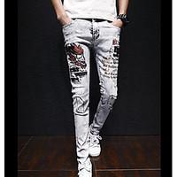 Men\'s Mid Rise strenchy Jeans Pants, Street chic Skinny Print