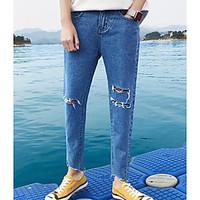 Men\'s Mid Rise Micro-elastic Loose Jeans Pants, Street chic Slim Solid