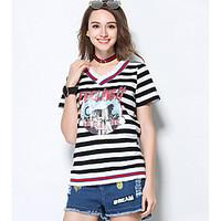 MEIDONGTAI Women\'s Casual/Daily Simple T-shirtStriped V Neck Short Sleeve Acrylic