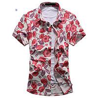 Men\'s Plus Size Going out Party Vintage Street chic Spring Summer Shirt, Floral Standing Collar Short Sleeve Cotton Medium