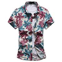 Men\'s Plus Size Going out Party Vintage Street chic Spring Summer Shirt, Floral Standing Collar Short Sleeve Cotton Medium