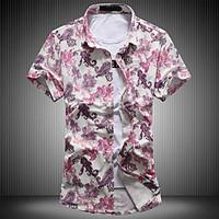 Men\'s Plus Size Going out Party Vintage Street chic Spring Summer Shirt, Floral Standing Collar Short Sleeve Cotton Medium