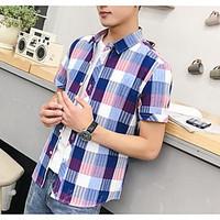 Men\'s Casual/Daily Street chic Shirt, Check Square Neck Short Sleeve Special Leather Types