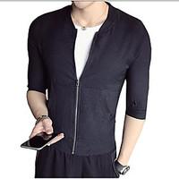 Men\'s Casual/Daily Simple Spring Summer Jacket, Solid Round Neck Long Sleeve Regular Polyester