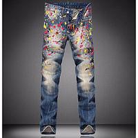 Men\'s Straight Jeans Pants, Casual/Daily Vintage Solid Print Low Rise Zipper Rayon Micro-elastic Spring