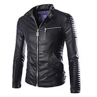 Men\'s Casual/Daily Simple Spring Leather Jacket, Solid Peter Pan Collar Long Sleeve Regular PU