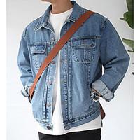 Men\'s Casual/Daily Simple Summer Denim Jacket, Solid Shirt Collar Long Sleeve Short Linen