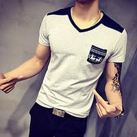 Men\'s Color Block Casual / Plus Sizes T-Shirt, Cotton Short Sleeve-Blue / White / Gray