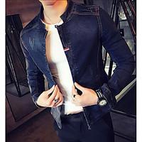 Men\'s Casual/Daily Simple Summer Denim Jacket, Solid Round Neck Long Sleeve Regular Linen