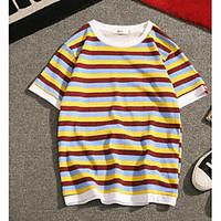 Men\'s Daily Simple T-shirt, Striped Round Neck Short Sleeve Cotton