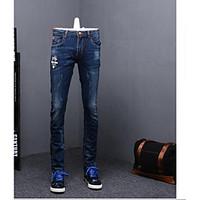 Men\'s Mid Rise Micro-elastic Jeans Chinos Pants, Simple Slim Solid