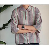 Men\'s Daily Vintage Spring Summer Shirt, Solid Striped Shirt Collar Long Sleeve Linen Medium