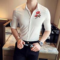 Men\'s Daily Casual Vintage Simple Summer Shirt, Solid Flower/Floral Shirt Collar ¾ Sleeve Cotton Rayon Thin