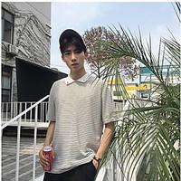Men\'s Daily Simple Summer Shirt, Solid Striped Shirt Collar Short Sleeve Cotton Medium