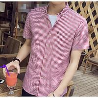 Men\'s Casual/Daily Simple Summer Shirt, Check Standing Collar Short Sleeve Polyester Thin