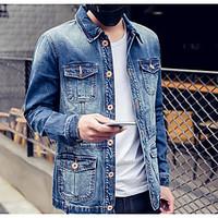 Men\'s Casual/Daily Street chic Spring Fall Denim Jacket, Solid Shirt Collar Long Sleeve Regular Denim
