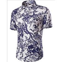 Men\'s Casual/Daily Simple Summer Shirt, Floral Shirt Collar Short Sleeve White / Beige Linen Thin
