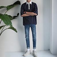 Men\'s Casual/Daily Simple Summer T-shirt, Striped Shirt Collar Short Sleeve Cotton Opaque