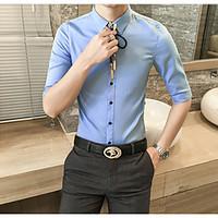 Men\'s Office Party Work Simple Summer Shirt, Solid Shirt Collar 3/4 Length Sleeve Cotton Thin