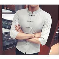 mens business daily simple summer shirt solid stand short sleeve linen ...