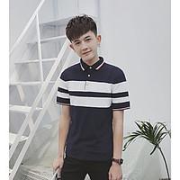 mens casualdaily simple t shirt striped shirt collar short sleeve cott ...