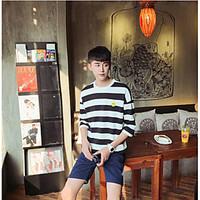 mens going out simple t shirt striped round neck short sleeve cotton