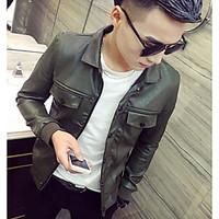 Men\'s Casual/Daily Simple Spring Leather Jacket, Solid Shirt Collar Long Sleeve Short PU
