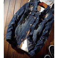 Men\'s Casual/Daily Simple Spring Fall Denim Jacket, Solid Shirt Collar Long Sleeve Regular Linen