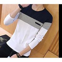 Men\'s Casual/Daily Simple Summer Fall T-shirt, Striped Round Neck Long Sleeve Cotton Opaque