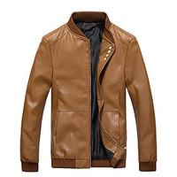 mens casualdaily simple spring leather jacket solid round neck long sl ...