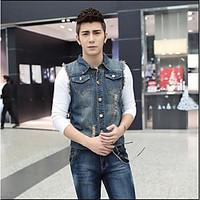 Men\'s Casual/Daily Simple Summer Fall Denim Jacket, Solid Stand Sleeveless Regular Polyster