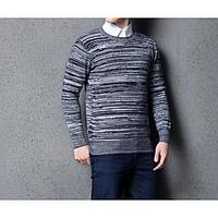 Men\'s Plus Size Simple Regular Pullover, Striped Round Neck Long Sleeve Cotton Spring Medium Micro-elastic
