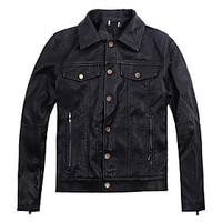 Men\'s Casual/Daily Simple Spring Leather Jacket, Solid Shirt Collar Long Sleeve Regular PU