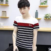 Men\'s Casual Simple Spring T-shirt, Striped Round Neck Short Sleeve Cotton